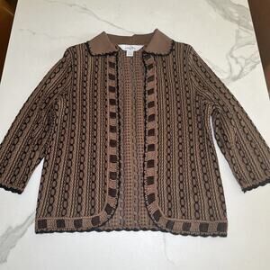 Ming Wang Sweater Cardigan Brown Black Open Front Metallic Thread Sz S Career